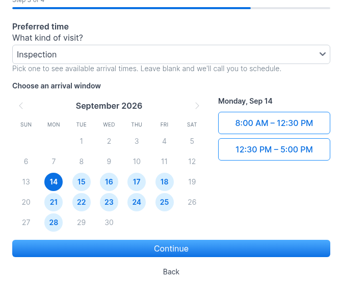 Public form preferred time step with calendar and arrival windows