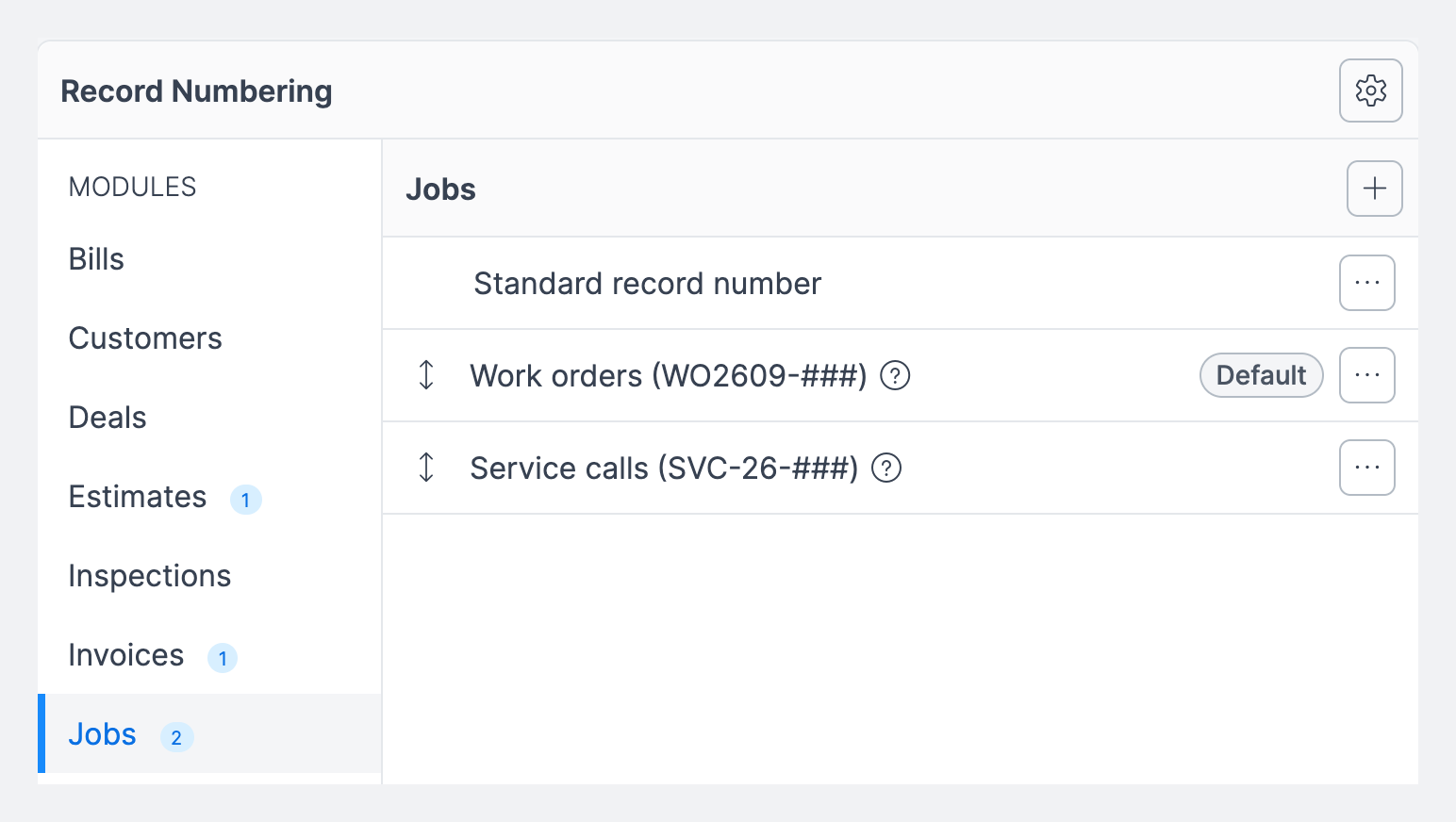 Record Numbering settings showing the Jobs module with a Standard record number row, two custom formats, and the add button