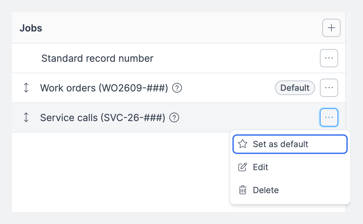 The row menu on the Service calls format with Set as default, Edit, and Delete options