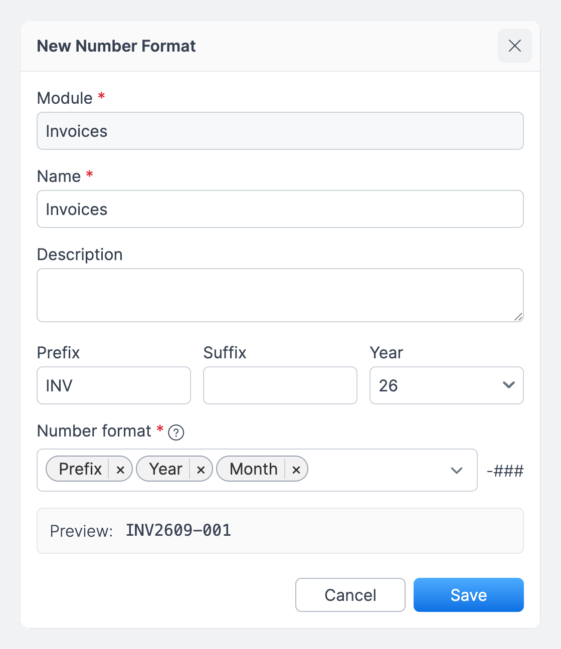 New Number Format dialog for Invoices with prefix INV, the Prefix, Year, and Month parts selected, and a preview reading INV2609-001
