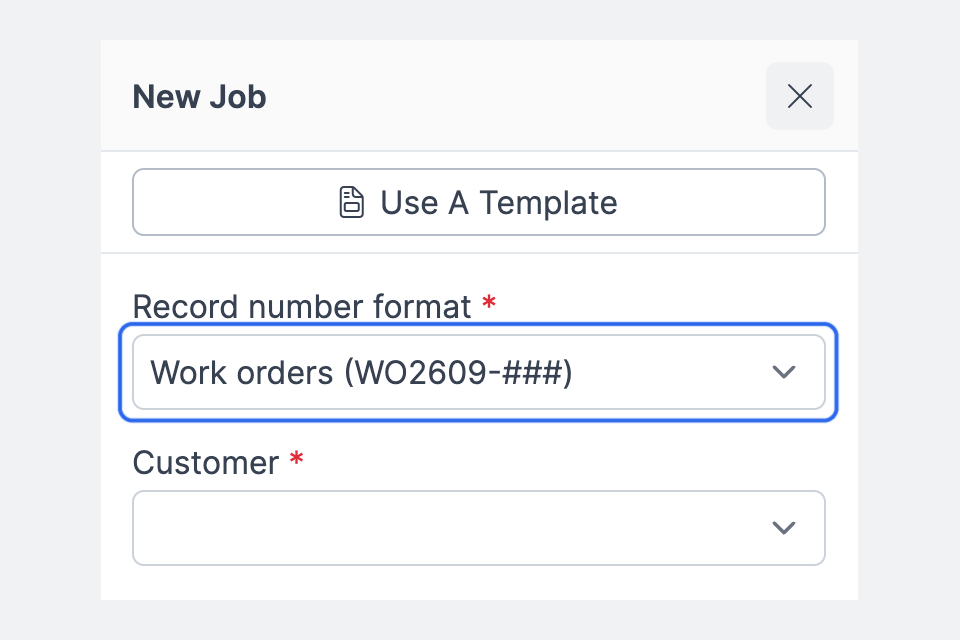 New Job form with the Record number format field preselected to Work orders (WO2609-###)