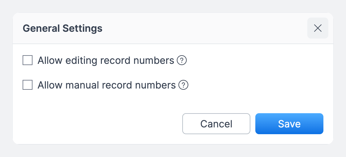 General Settings dialog with the Allow editing record numbers and Allow manual record numbers checkboxes