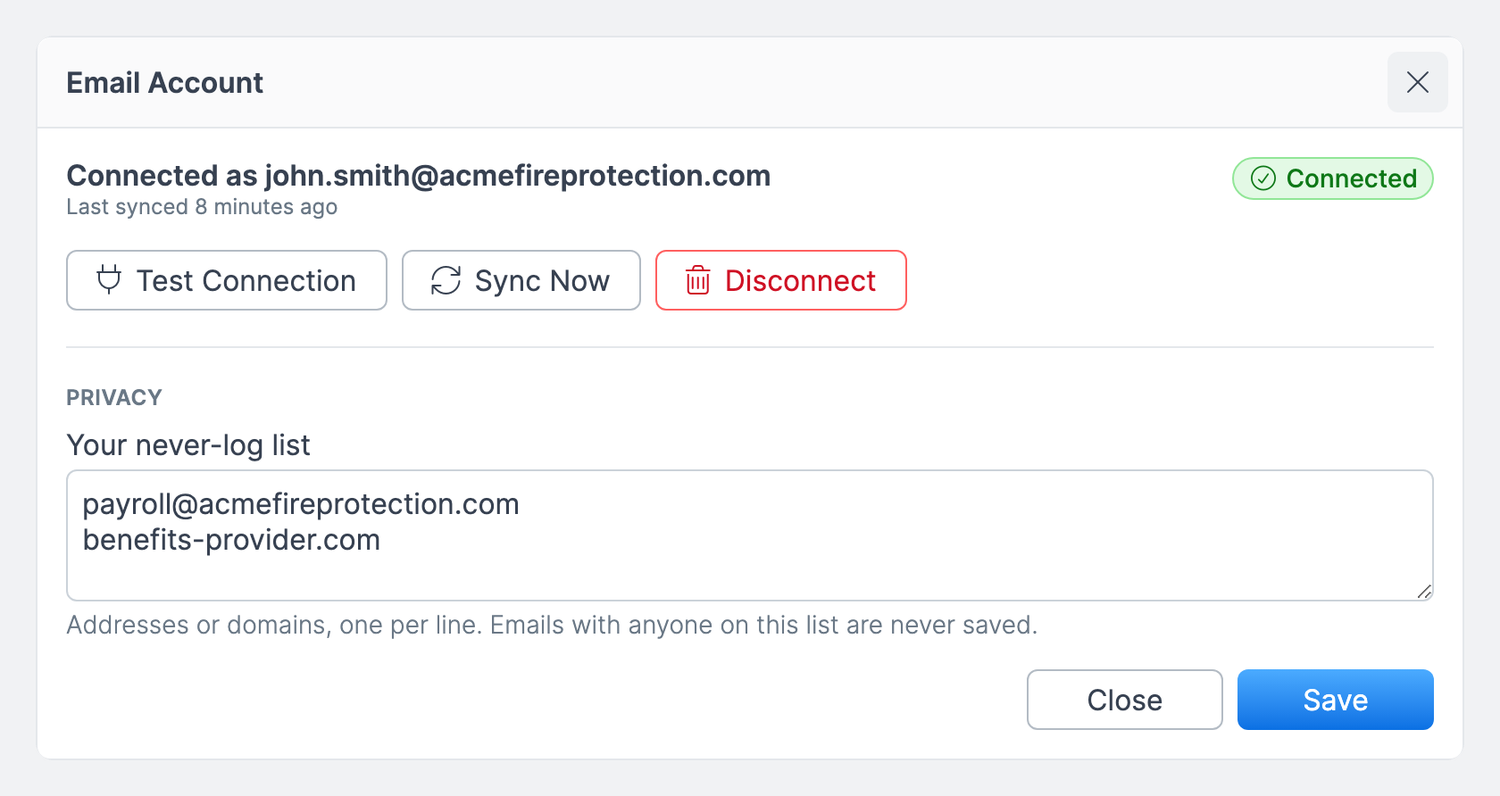 Email Account window showing Connected as john.smith@acmefireprotection.com, the Test Connection, Sync Now and Disconnect buttons, and the never-log list
