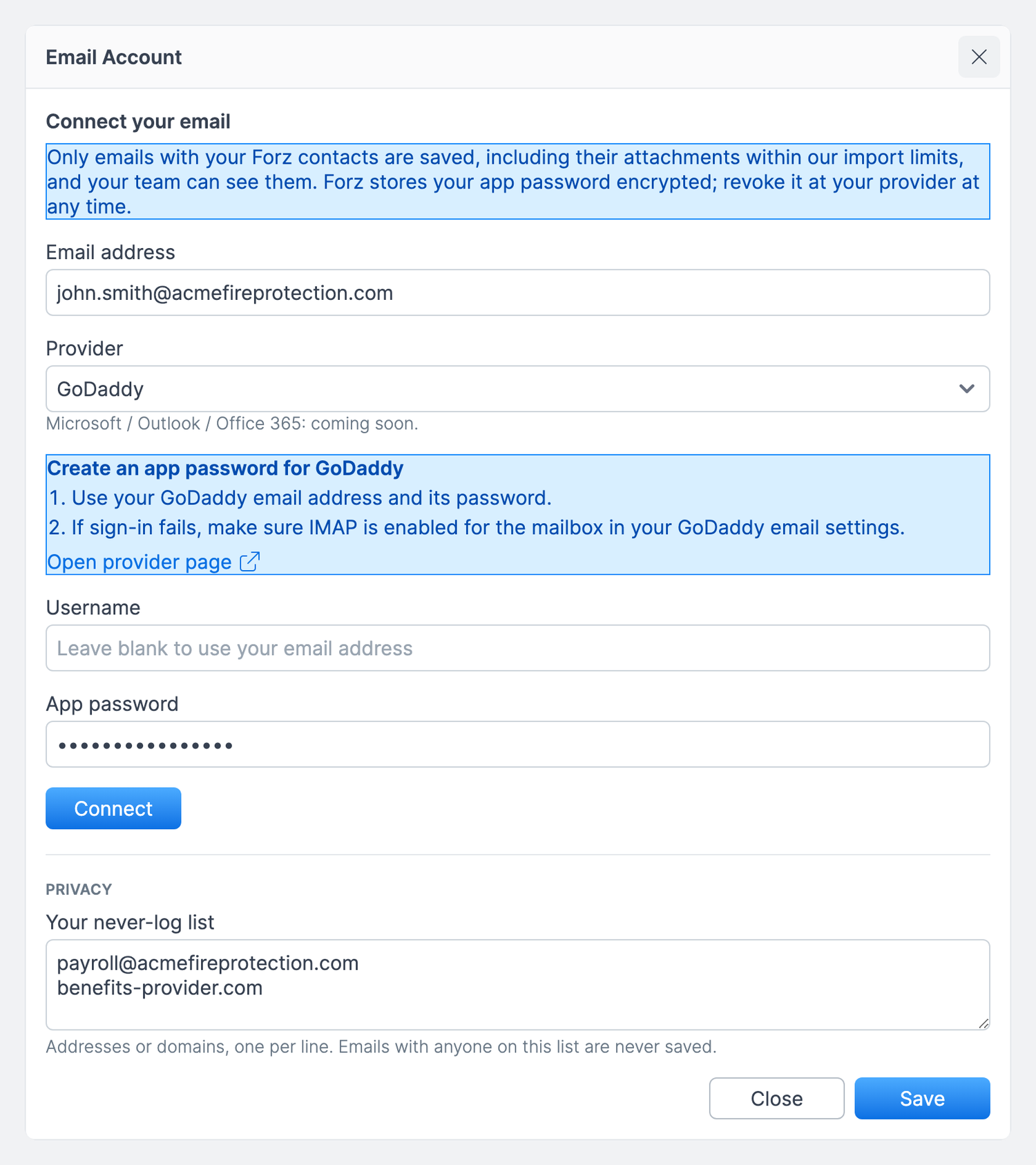 Email Account window with the connect form: GoDaddy selected as the provider, its sign-in steps, and the Connect button