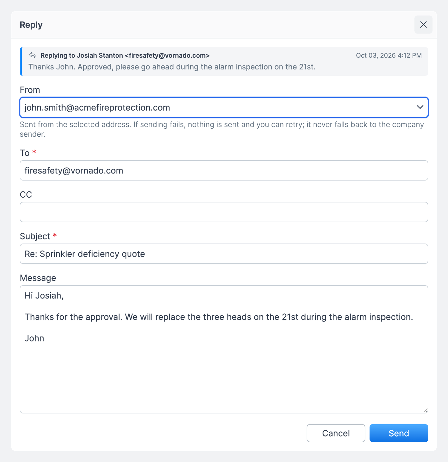 Reply form with the From field highlighted, set to the user's own mailbox address, and a short reply ready to send