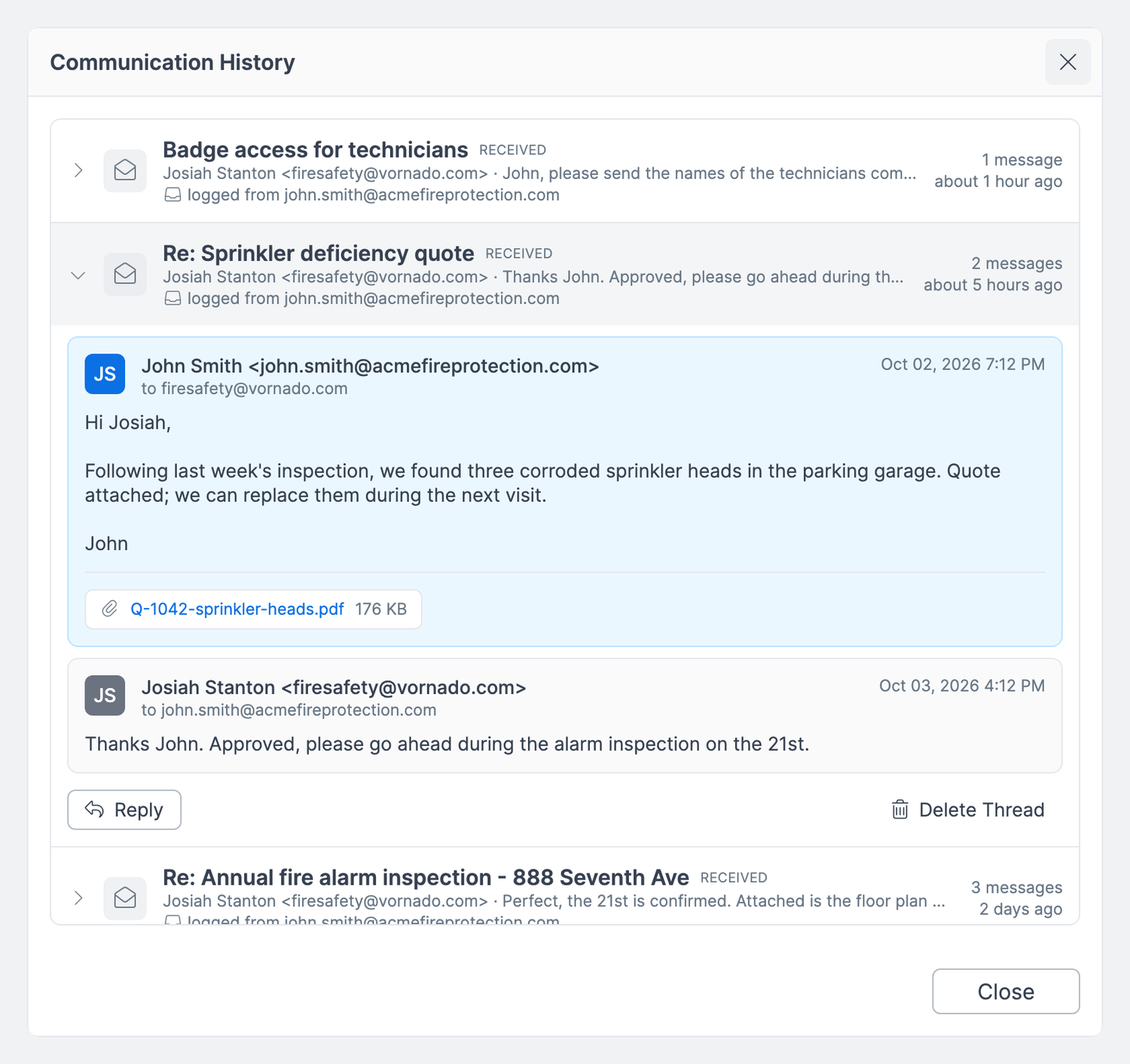 Communication History for a contact with an expanded email thread, an attached PDF quote, and the Reply and Delete Thread buttons