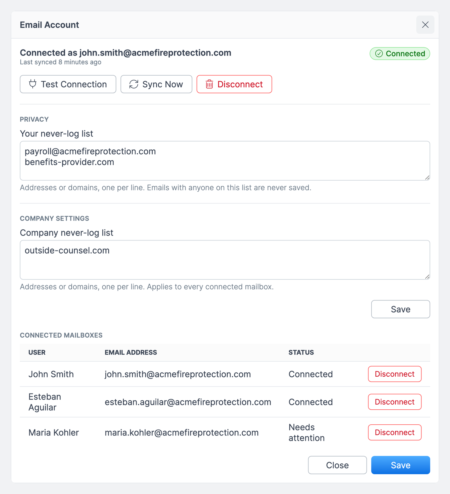 Email Account window for an Account Admin, with the Company settings section: the company never-log list and the Connected mailboxes table
