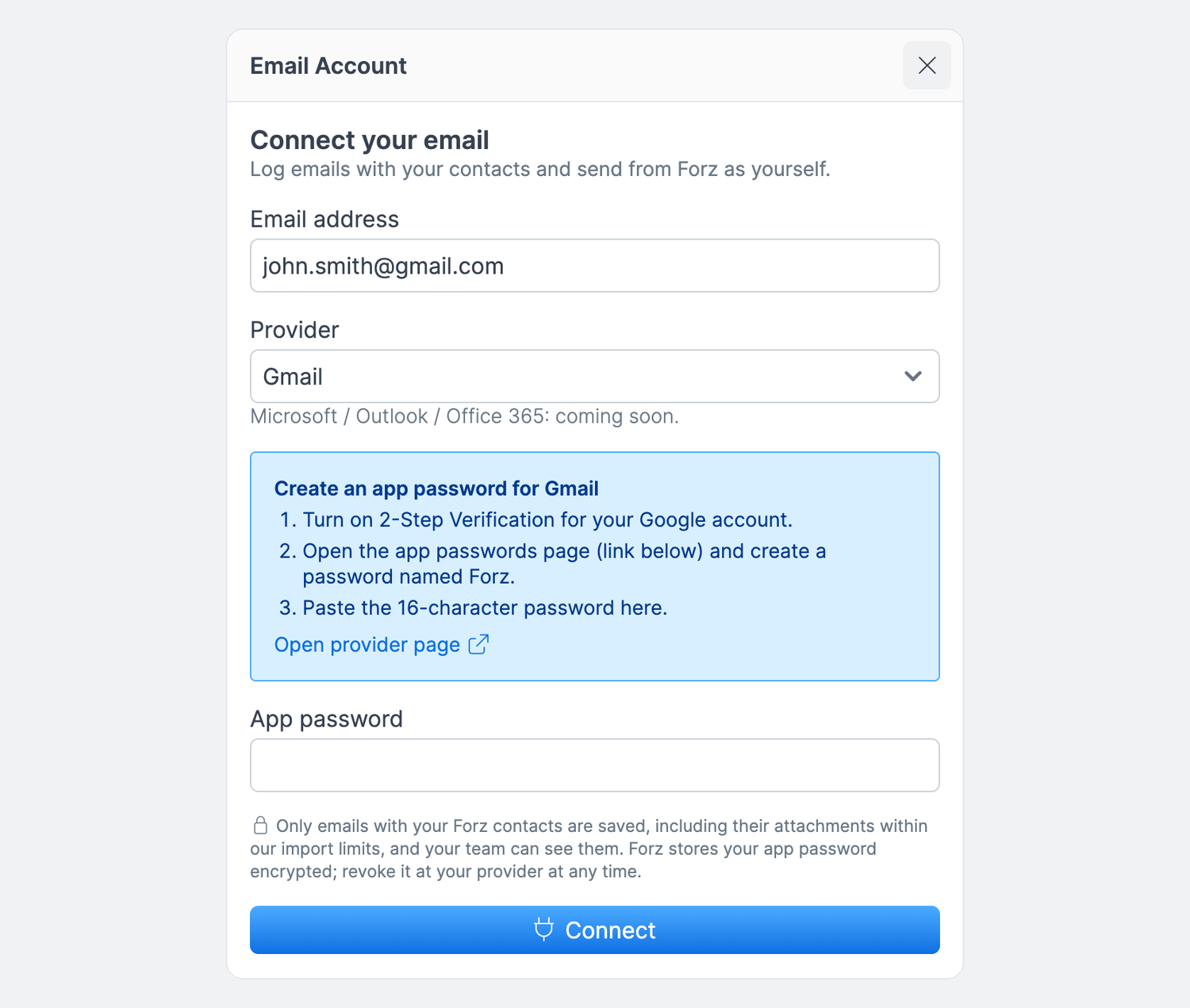 Email Account window with the connect form: a Gmail address entered, Gmail selected as the provider, the steps to create an app password, the App password field, and the Connect button