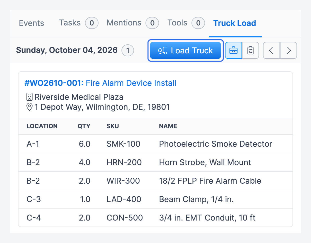 The Inbox Truck Load tab listing the parts for job WO2610-001 by location, quantity, SKU and name, with the Load Truck button highlighted