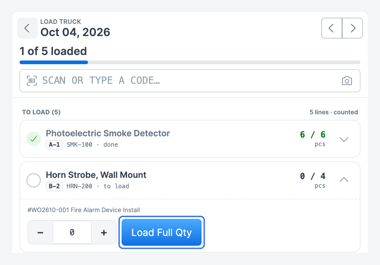 The Load Truck page at 1 of 5 loaded, with the Horn Strobe line open and its Load Full Qty button highlighted