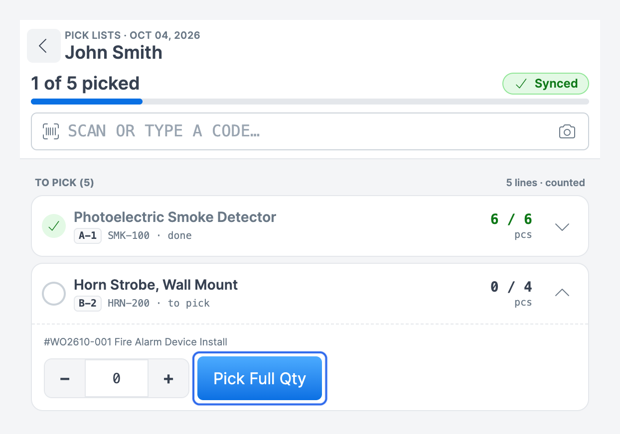 A technician pick page at 1 of 5 picked, with the Horn Strobe line open and its Pick Full Qty button highlighted