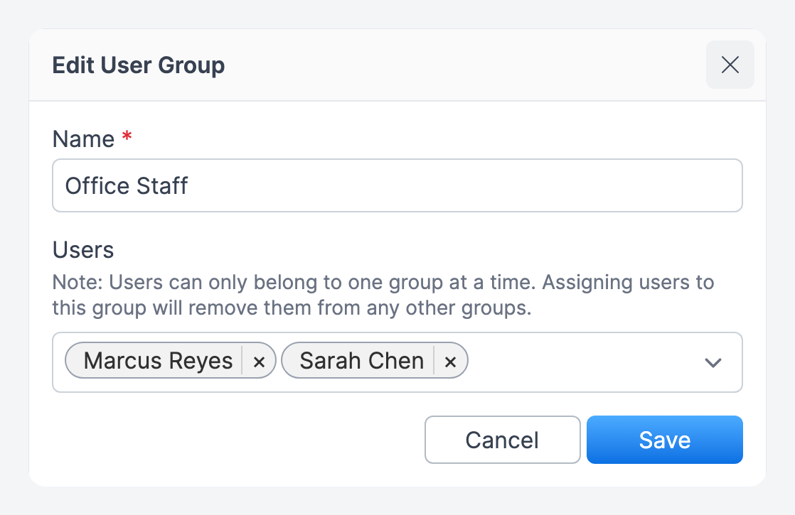The Edit User Group form with Name and Users fields