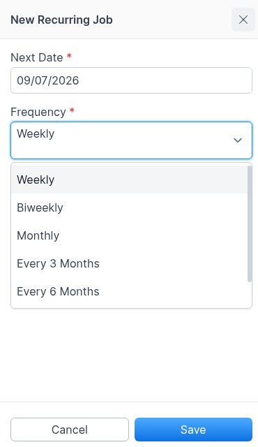 New Recurring Job dialog with Next Date and frequency options